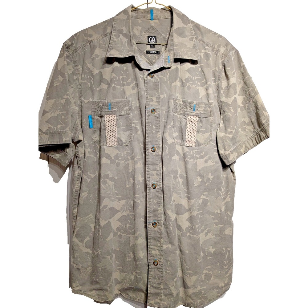 CAVI Mens Large Camouflage Floral Army Color Button Up Short Sleeve Pockets